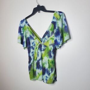 Cha Vente M Tie Dye Top Green Blue Boho V Neck
